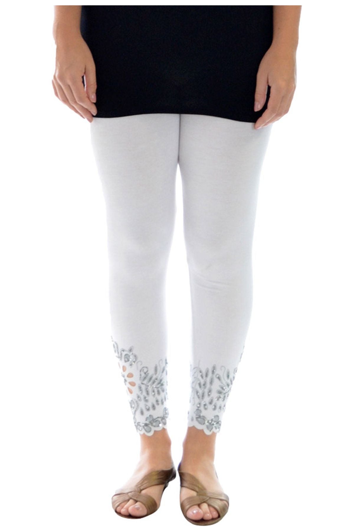 Sequin Scallop Beaded Flower Petal Leggings Leggings WearAll White 12-14