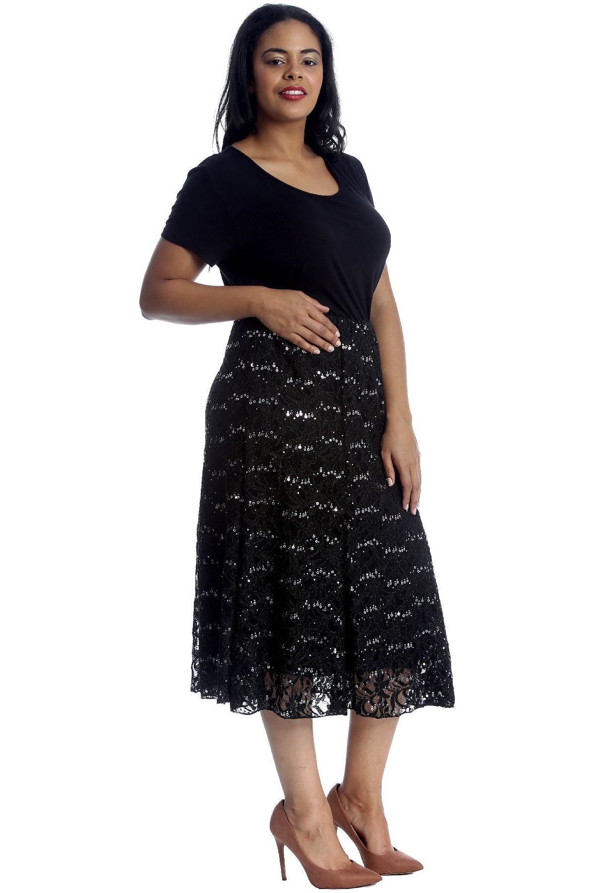Floral Lace Lined Sequin Flared Midi Skirt Skirt WearAll