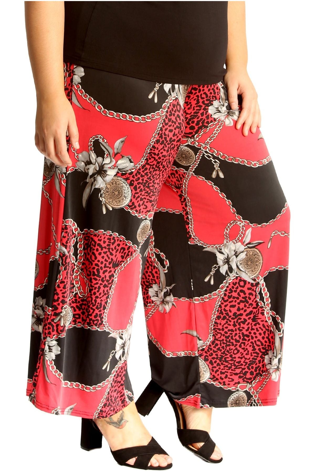 Plus Size Red Leopard Chain Print Palazzo Trouser Palazzo WearAll Red Leopard Chain 16-18