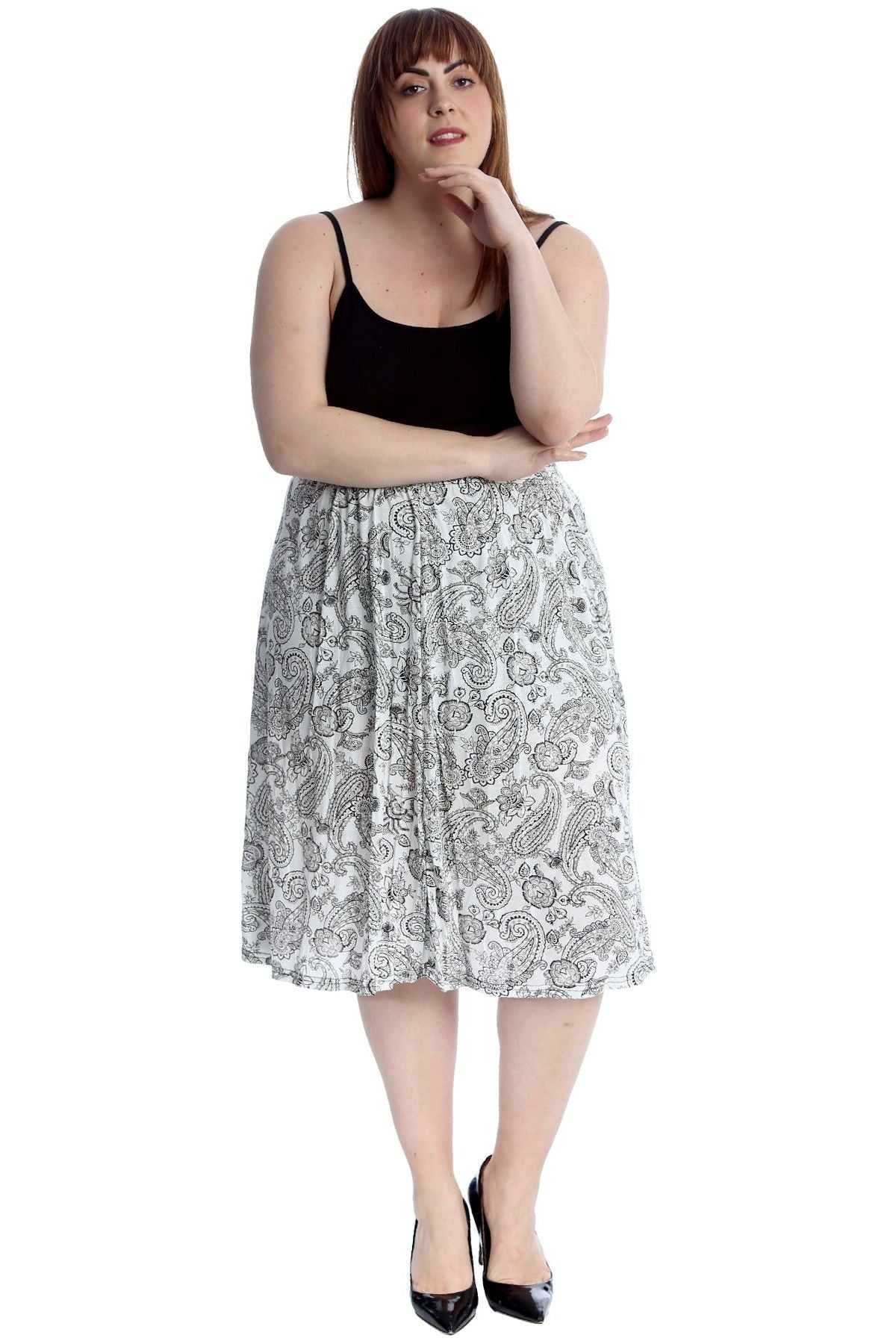 Plus Size Paisley White Print Midi Skirt Skirt WearAll