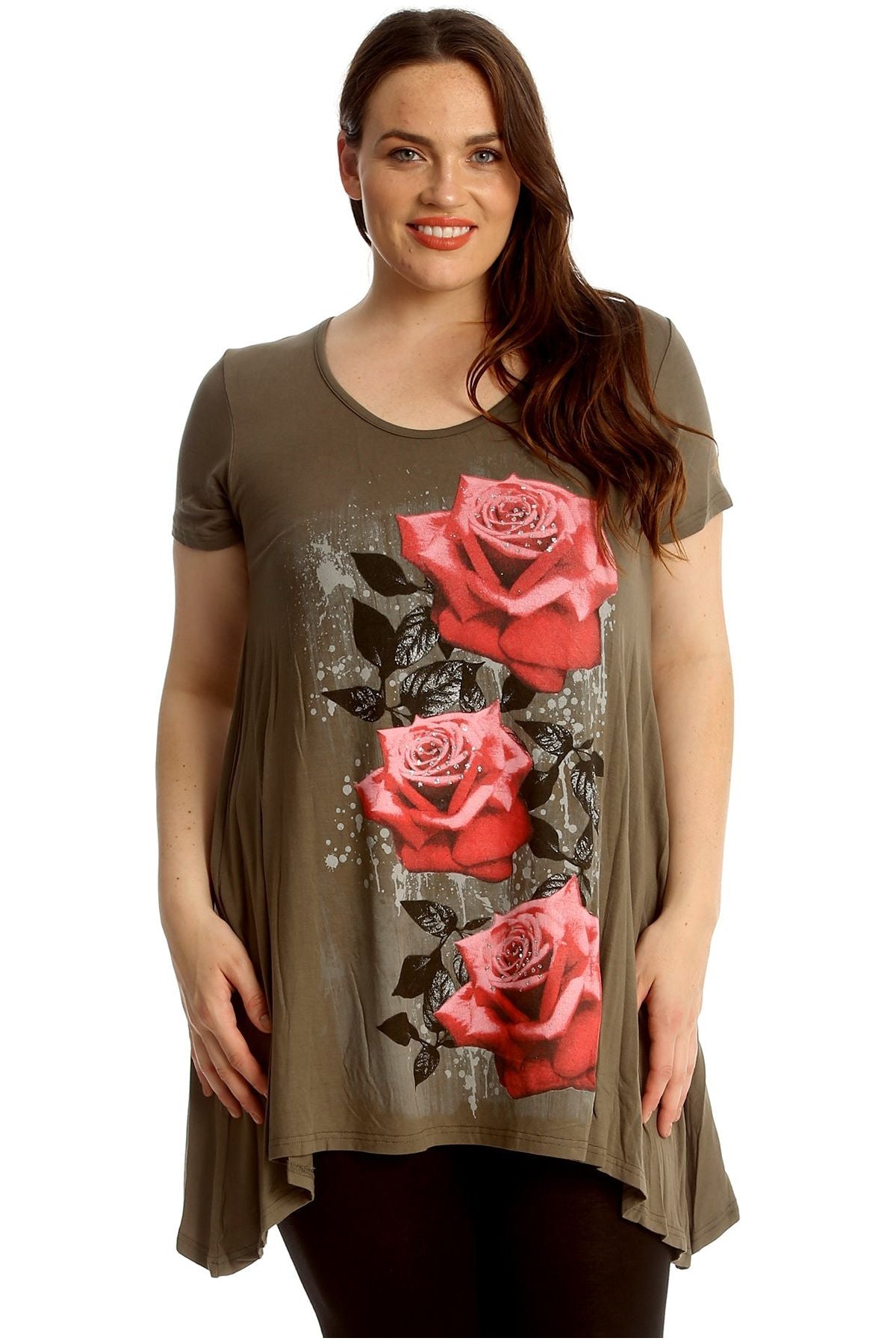 Three Rose Print Hanky Hem Short Sleeve Top Apparel & Accessories WearAll Mocha 14