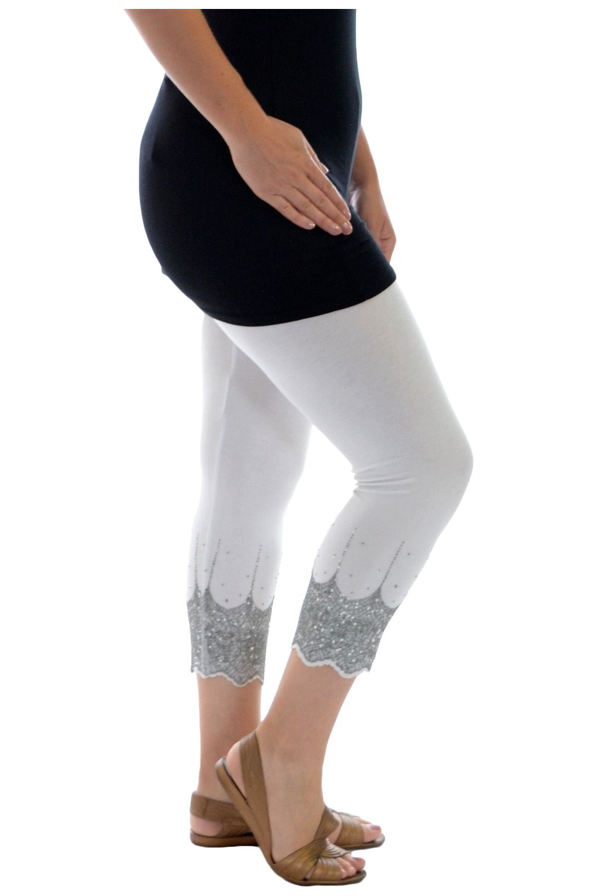 Plus Size Scallop Edge Sequin Leggings Leggings WearAll White 16-18