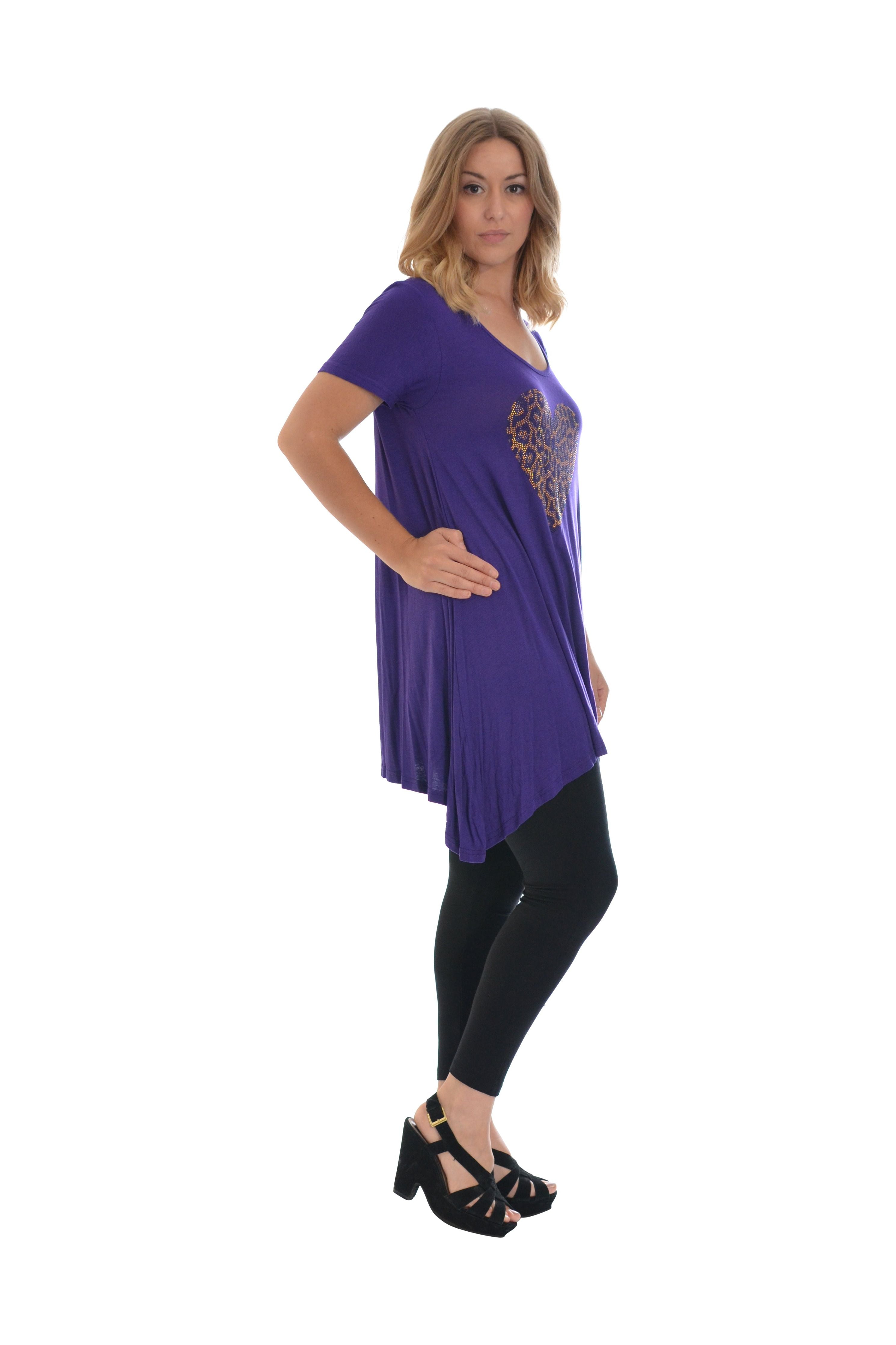 Leopard Print Studded Heart Hanky Hem Short Sleeve Top Apparel & Accessories WearAll