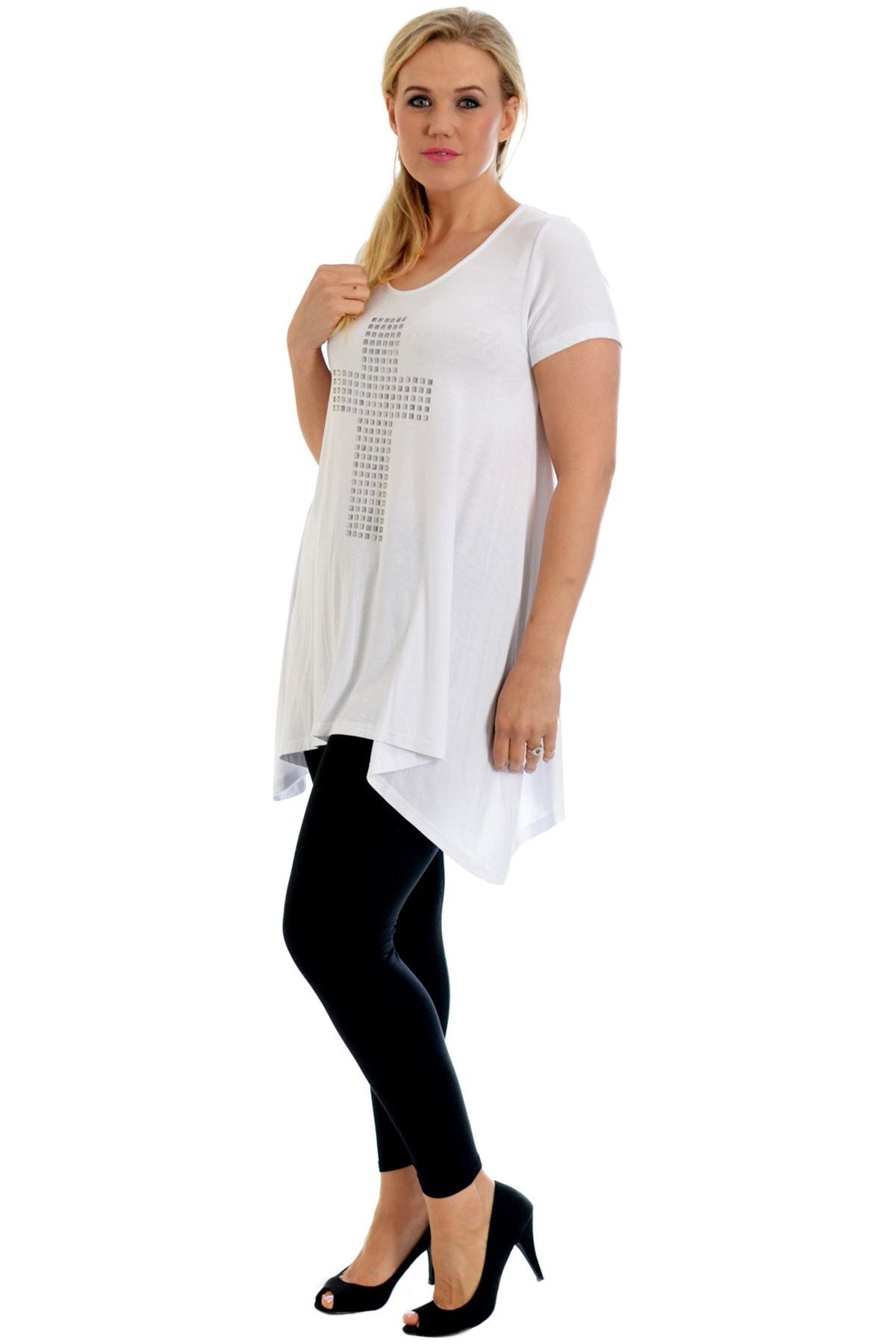 Cross Metallic Stud Hanky Hem Short Sleeve Top Apparel & Accessories WearAll