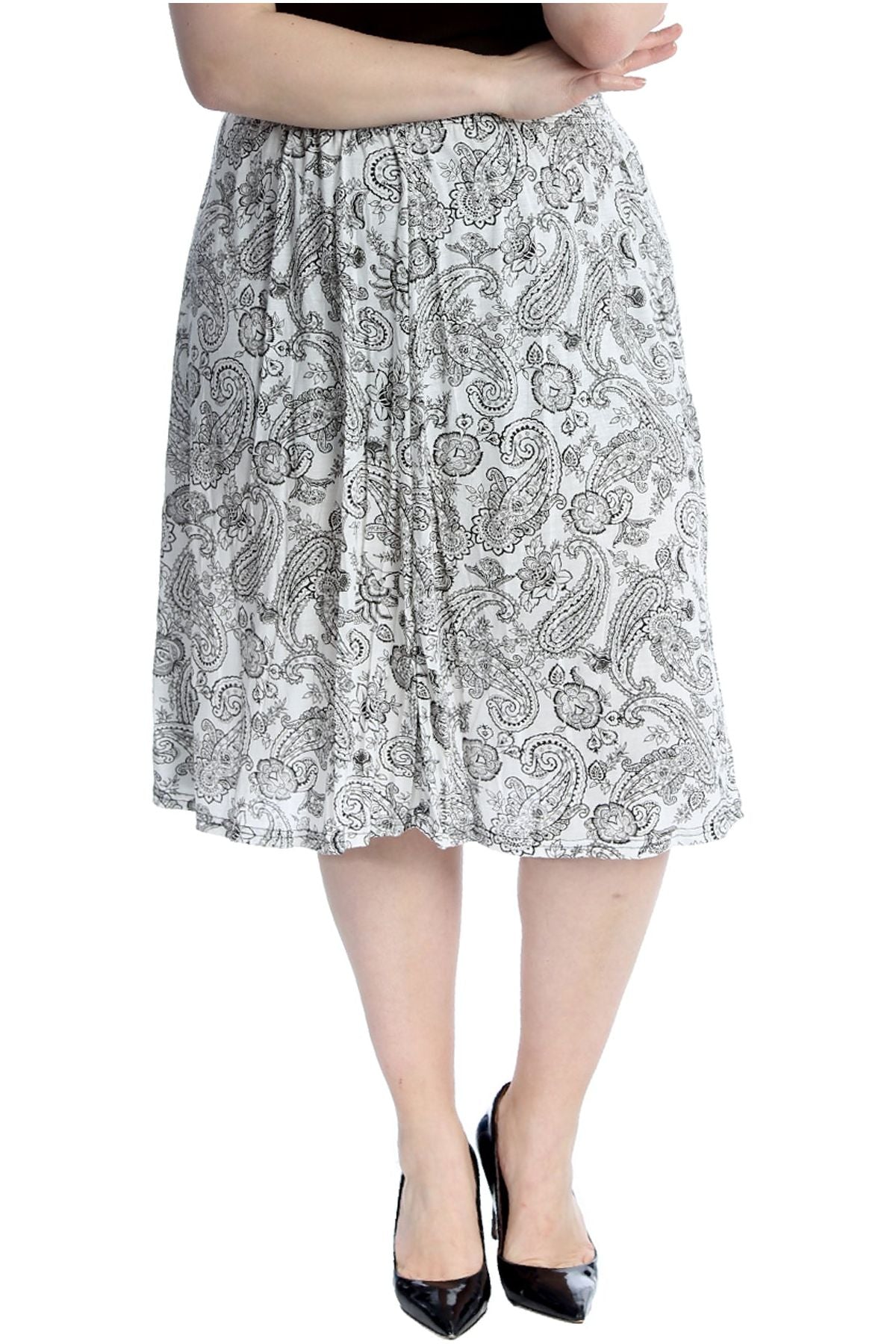 Plus Size Paisley White Print Midi Skirt Skirt WearAll Paisley White 28-30