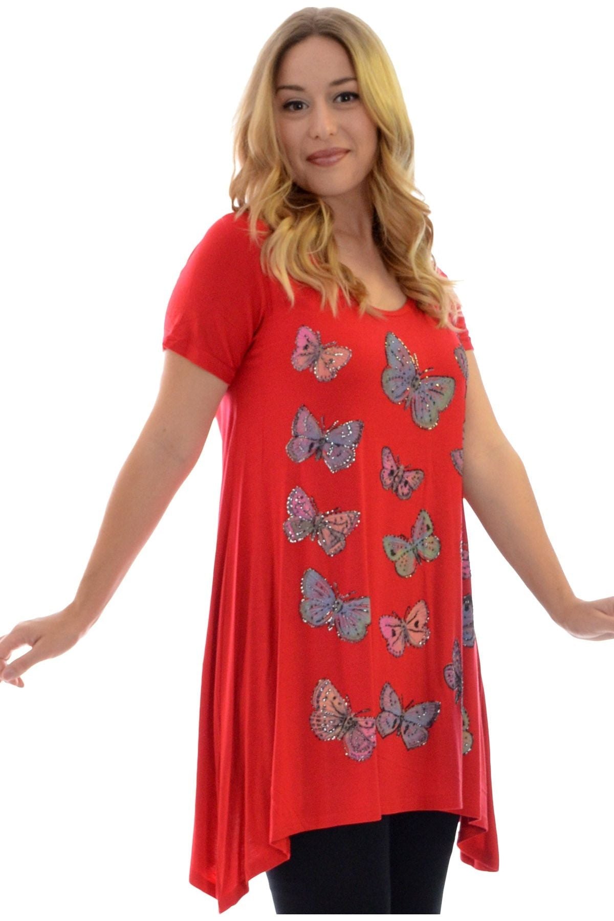 Butterfly Hanky Hem Short Sleeve Top Apparel & Accessories WearAll Red 14