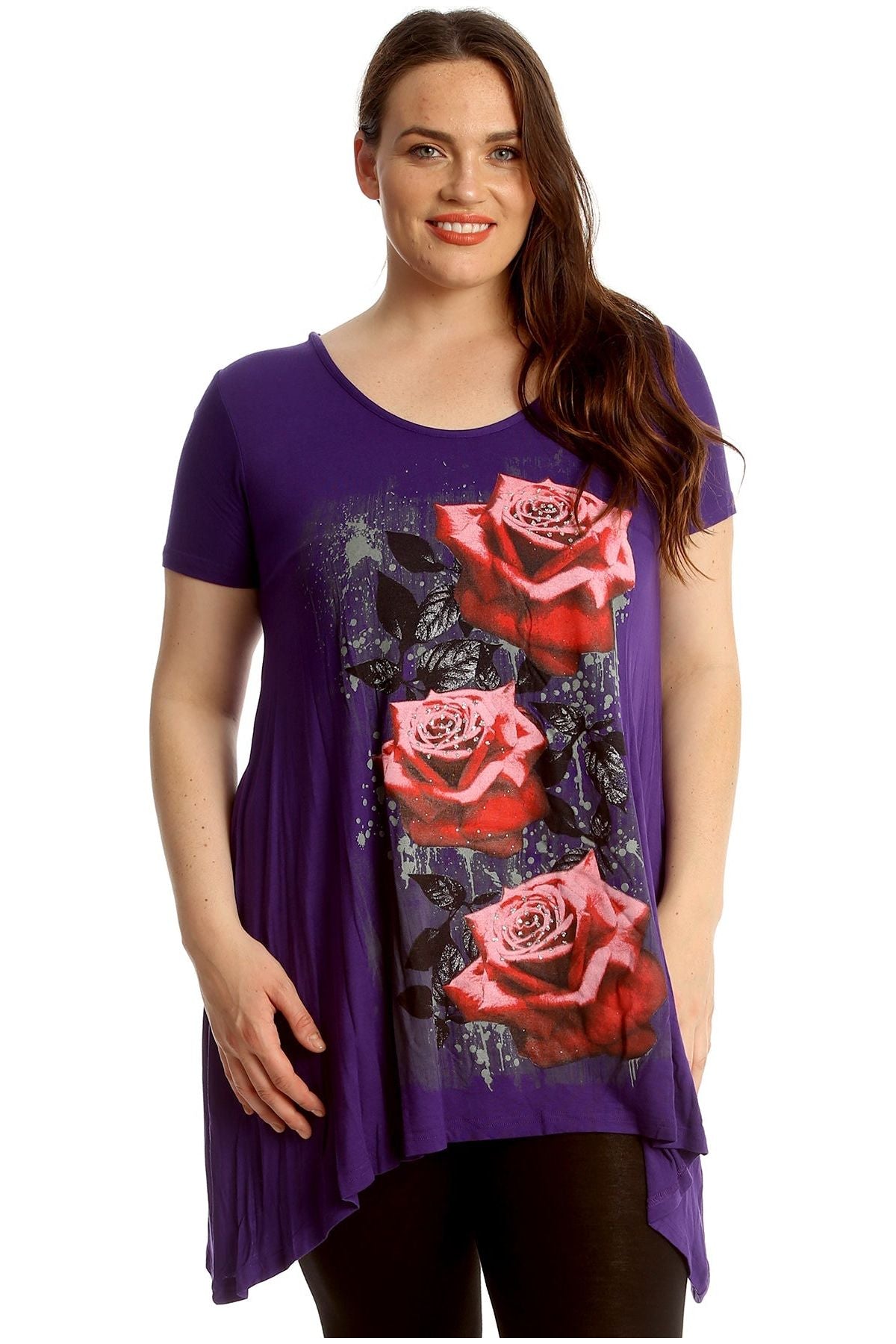 Three Rose Print Hanky Hem Short Sleeve Top Apparel & Accessories WearAll Purple 14