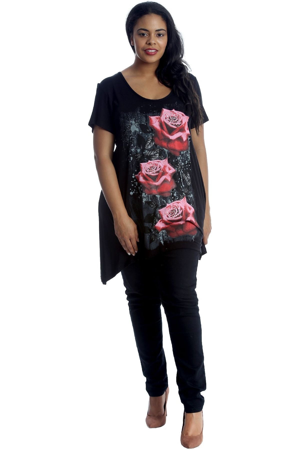 Three Rose Print Hanky Hem Short Sleeve Top Apparel & Accessories WearAll