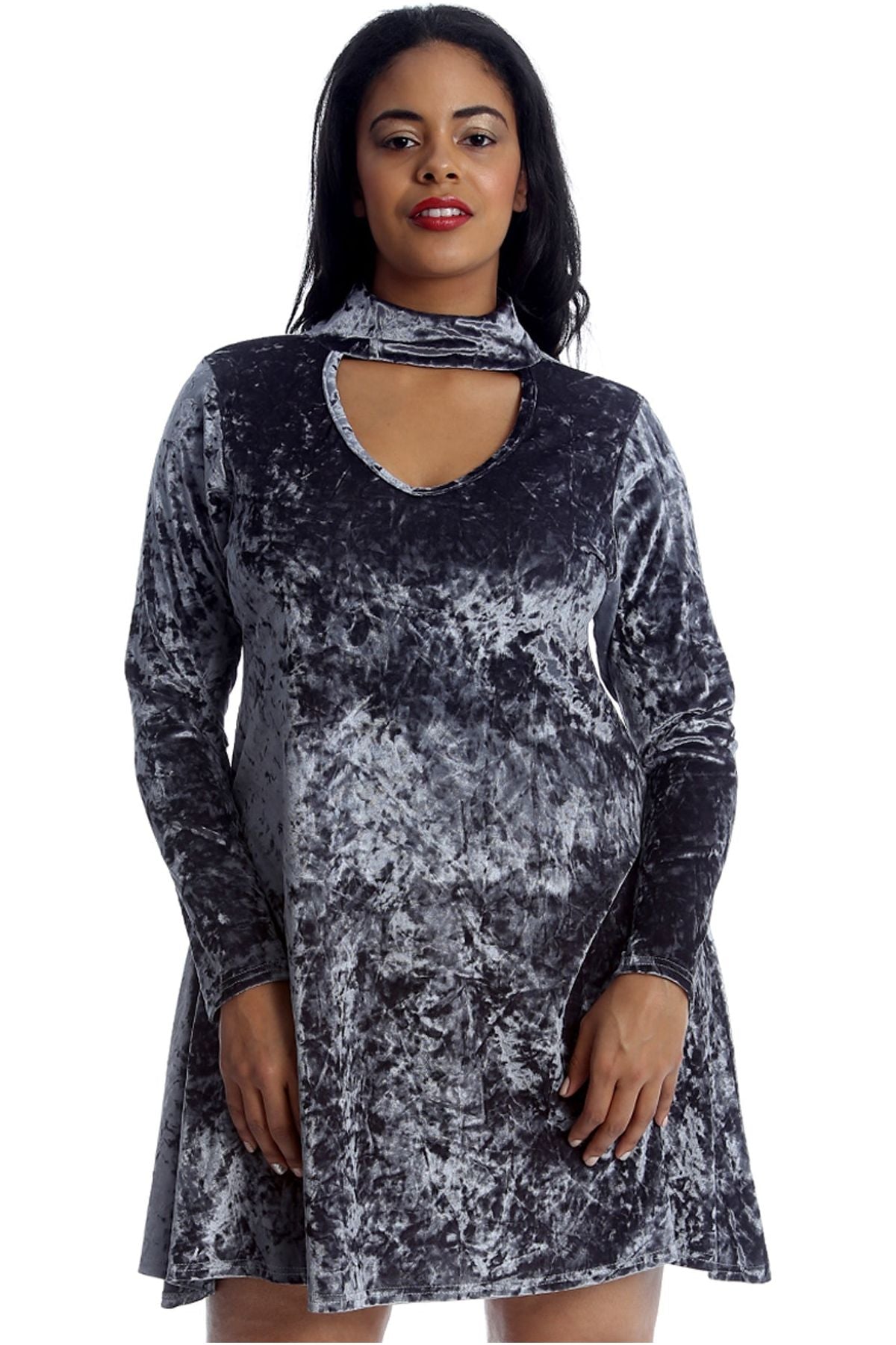 Plus Size Velour Velvet Long Sleeve Choker V-Neck Dress Dress WearAll Grey 18
