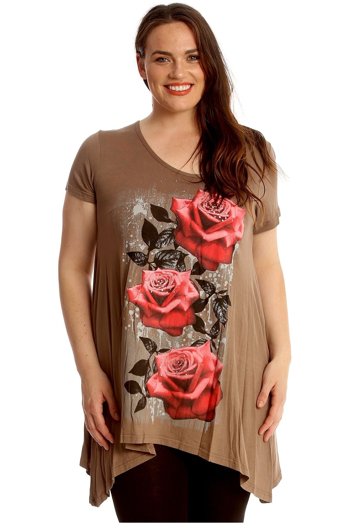 Three Rose Print Hanky Hem Short Sleeve Top