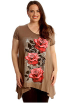 Three Rose Print Hanky Hem Short Sleeve Top