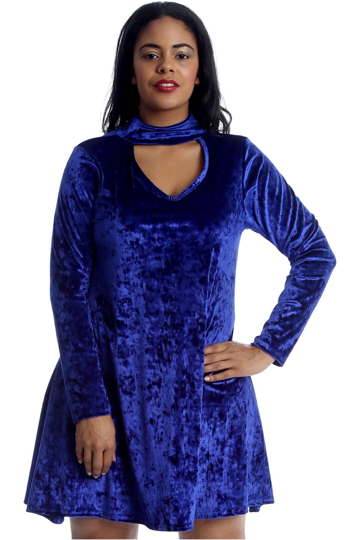 Plus Size Velour Velvet Long Sleeve Choker V-Neck Dress Dress WearAll Royal Blue 14