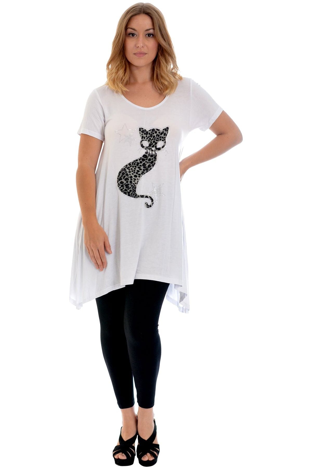 Studded Fur Cat Hanky Hem Short Sleeve Top Apparel & Accessories WearAll