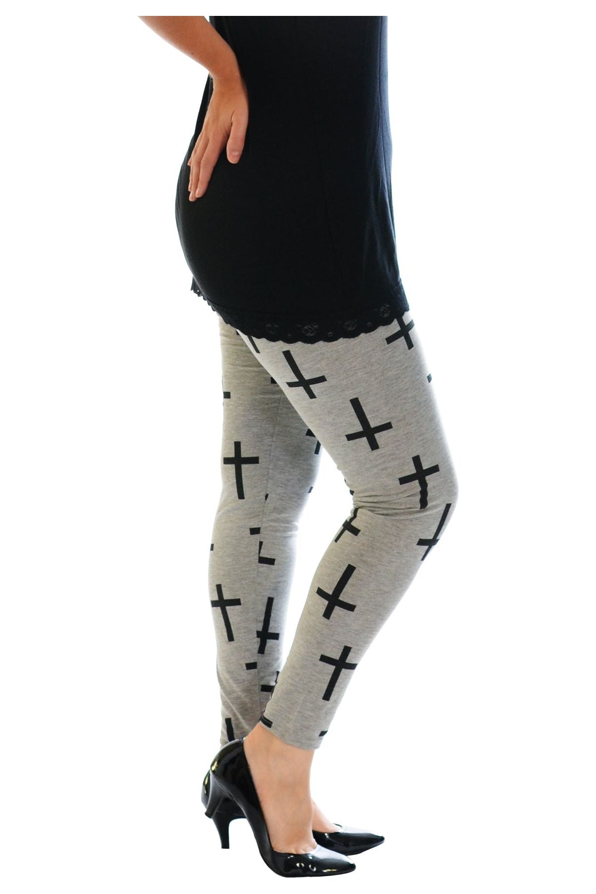 Silver Cross Print Stretchy Leggings Leggings WearAll