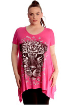 Leopard Print Hanky Hem Short Sleeve Top Tops WearAll Cerise 14
