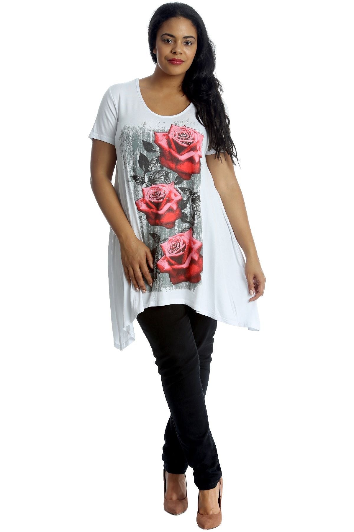 Three Rose Print Hanky Hem Short Sleeve Top Apparel & Accessories WearAll