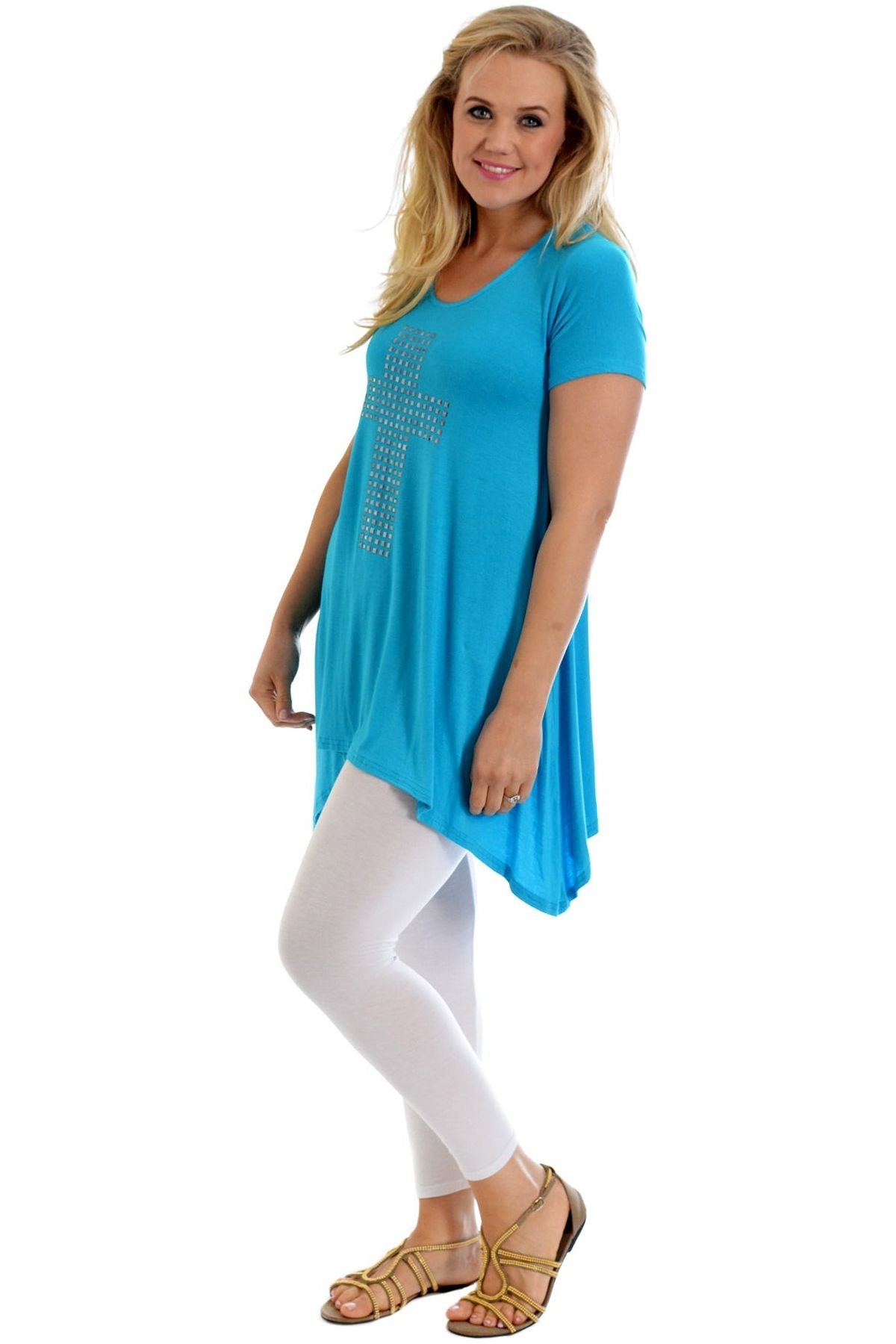 Cross Metallic Stud Hanky Hem Short Sleeve Top Apparel & Accessories WearAll