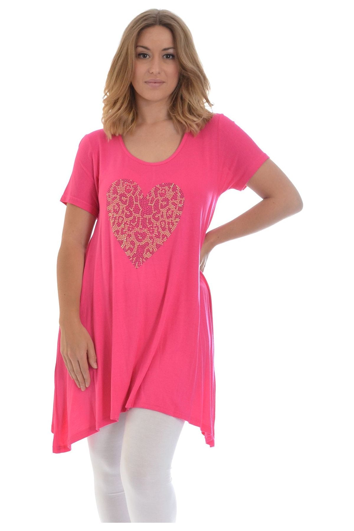 Leopard Print Studded Heart Hanky Hem Short Sleeve Top Apparel & Accessories WearAll Cerise 14