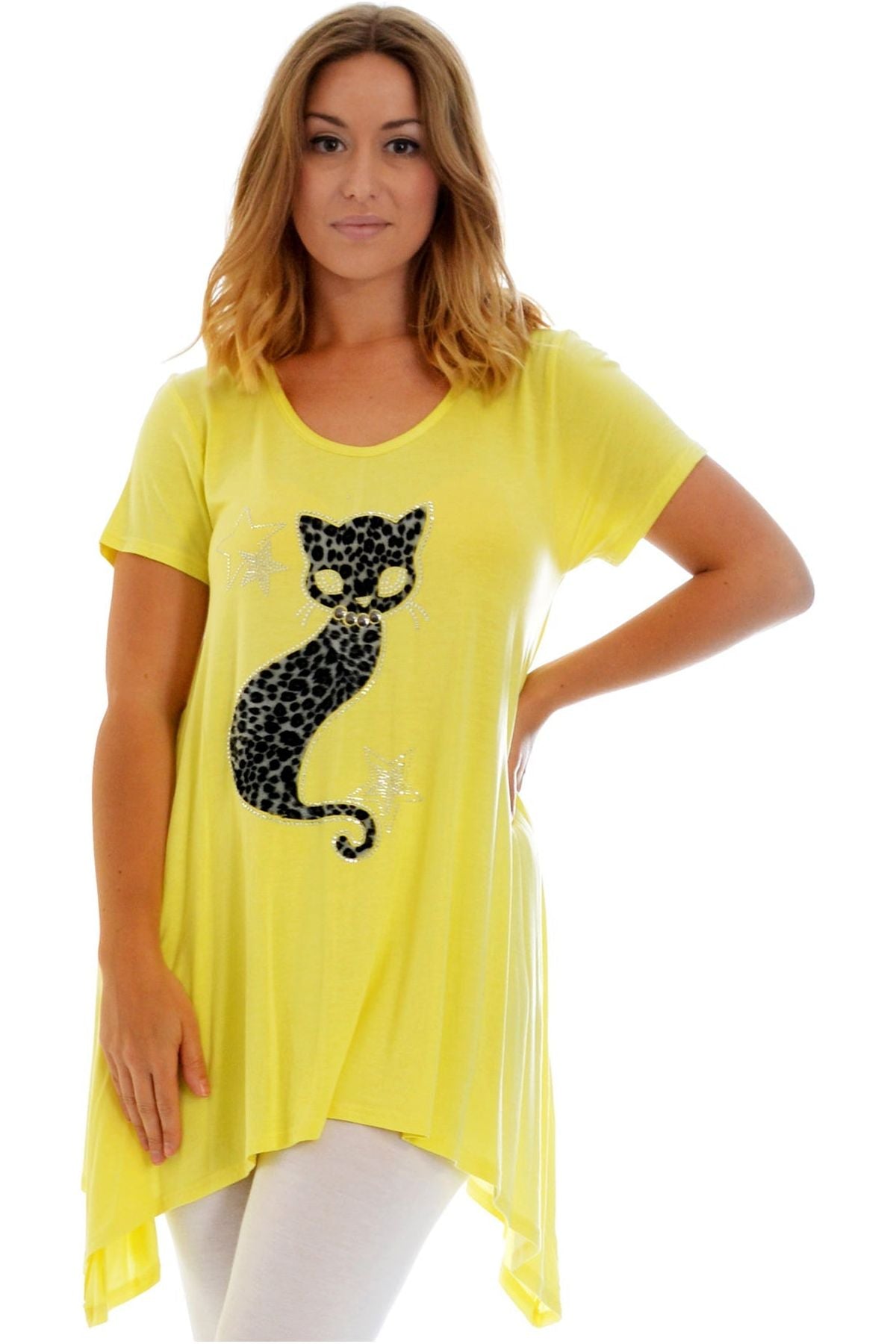 Studded Fur Cat Hanky Hem Short Sleeve Top Apparel & Accessories WearAll