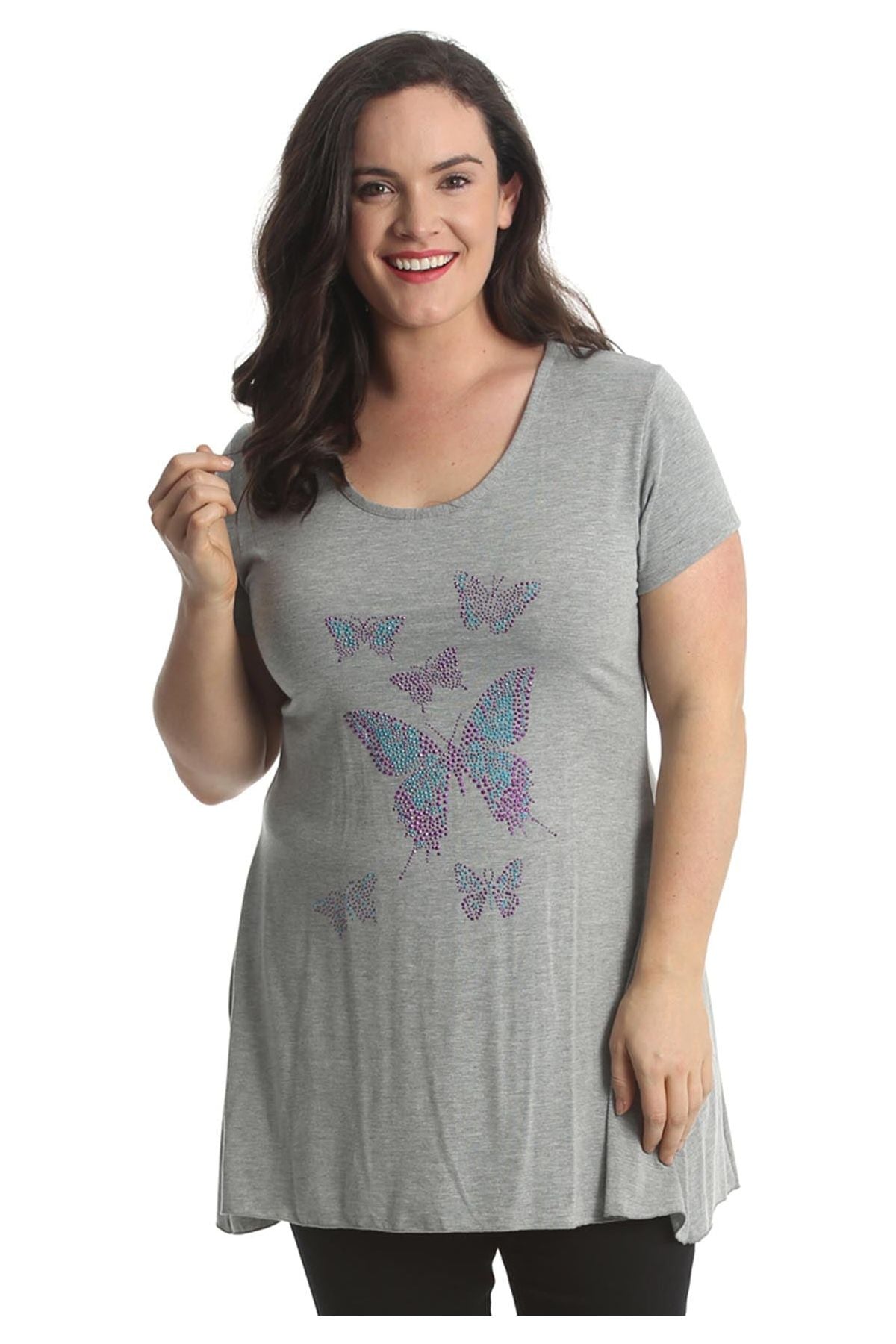 Diamante Butterfly Stud Hanky Hem Short Sleeve Top Apparel & Accessories WearAll Silver Grey 14