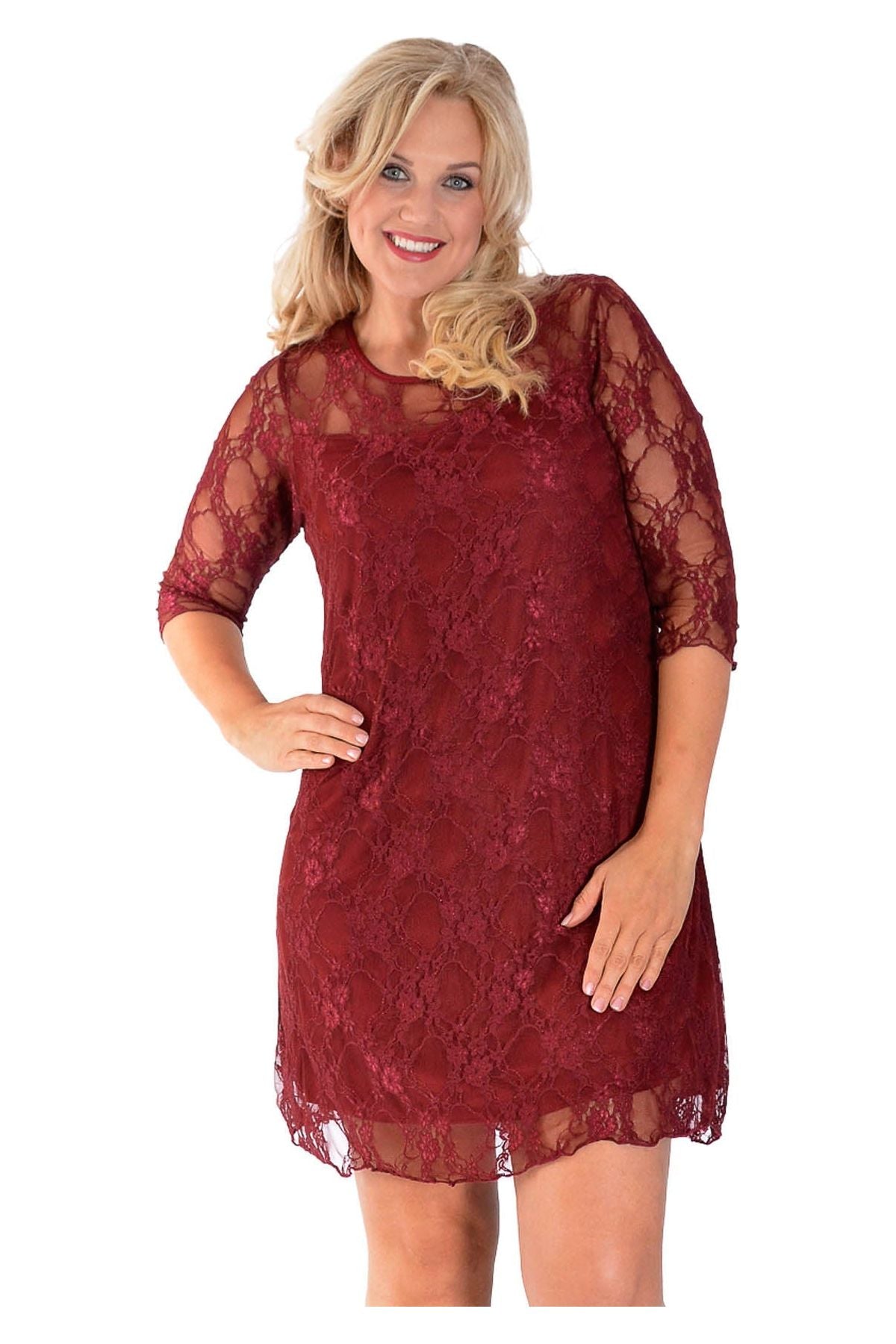 Lace Lined 3/4 Knee Length Dress Dress WearAll Wine 14