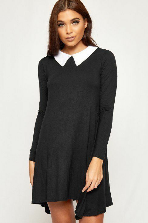 Plus Size Plain Collar Flared Ladies Swing Dress Dress WearAll Black 24-26