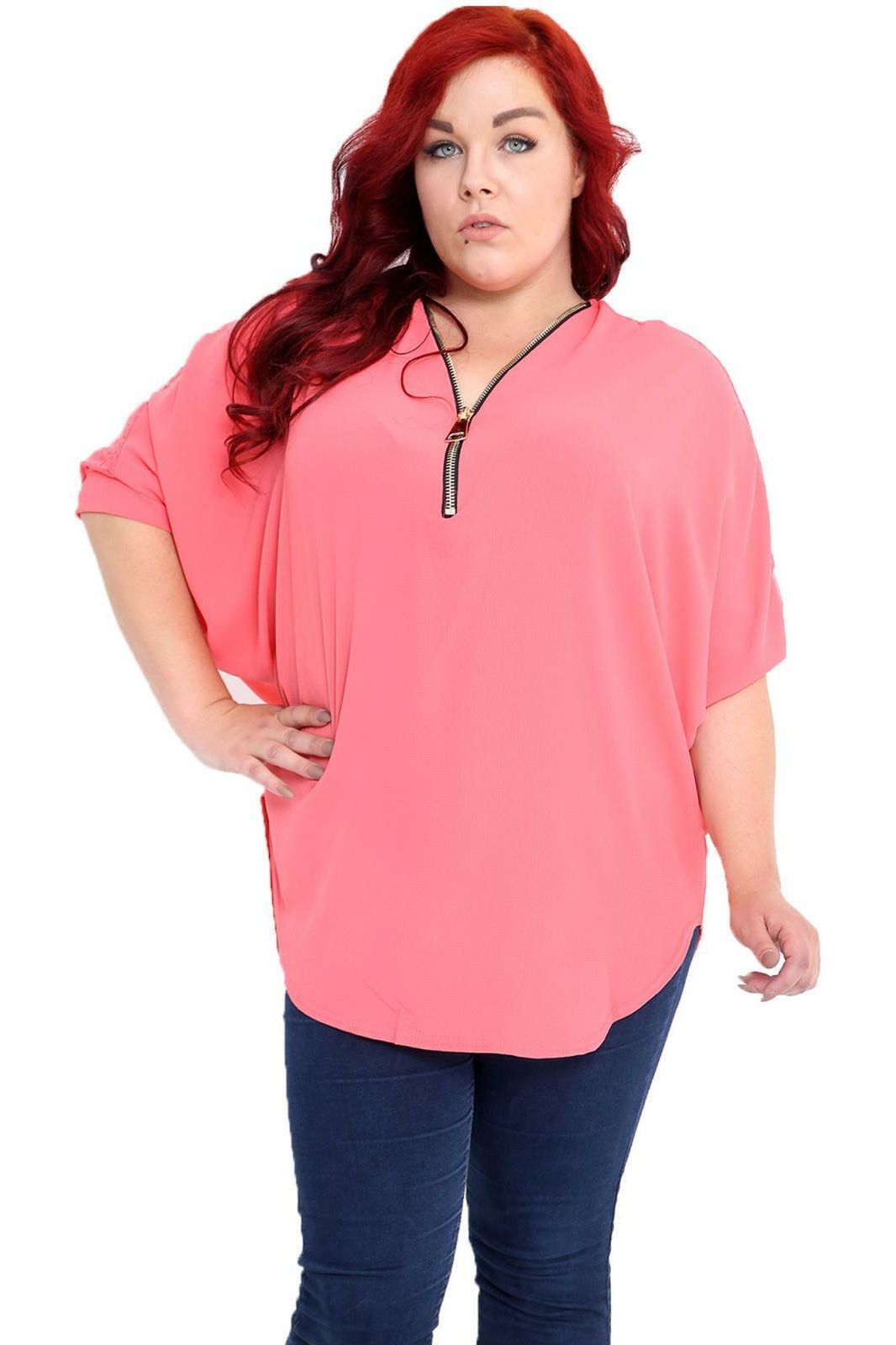 Plus Size Floral Lace Batwing Crepe Top Tops WearAll Coral 16-18