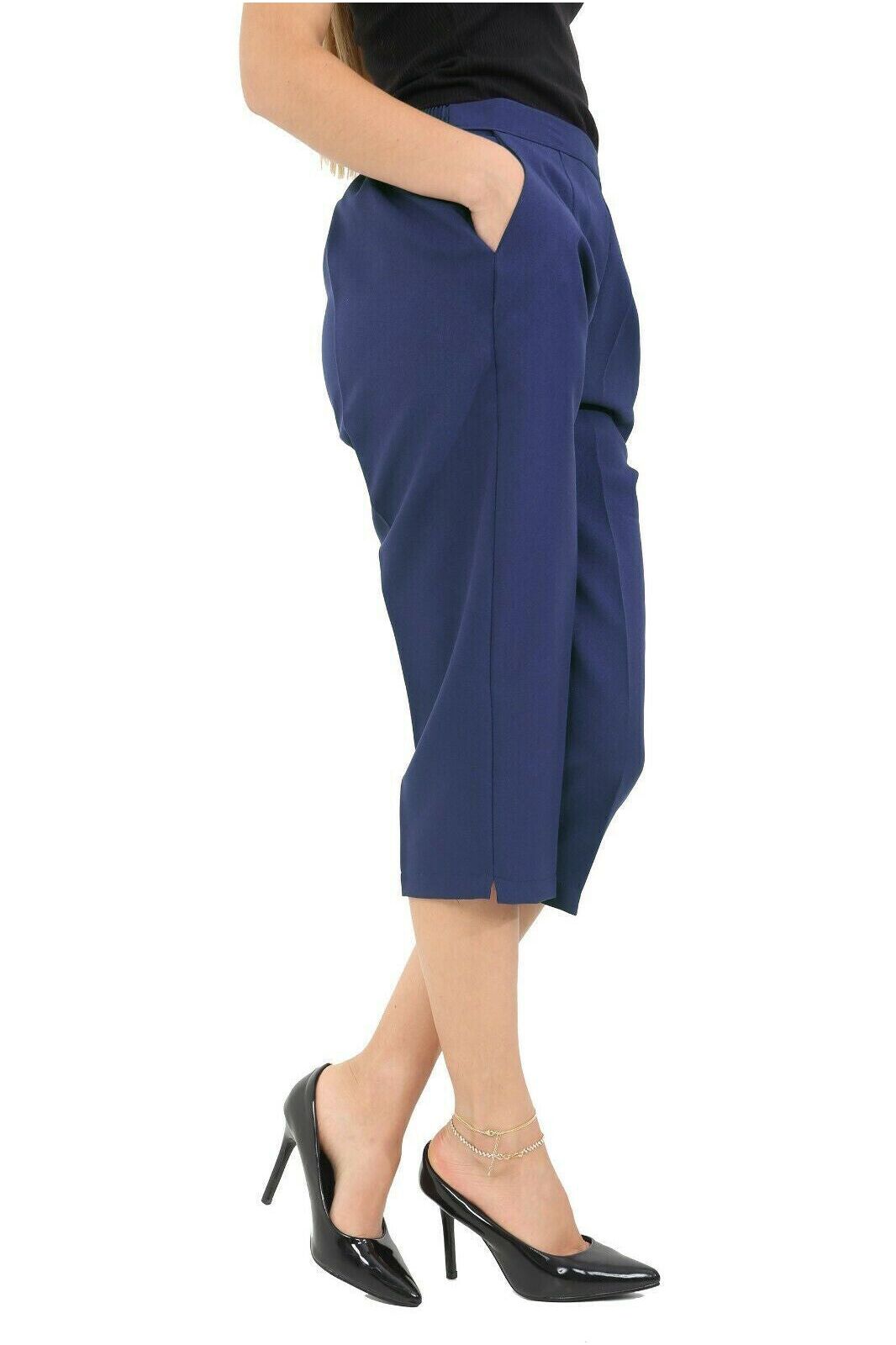 Ladies 3/4 Elasticated Trouser Shorts Trousers WearAll Navy Blue 12