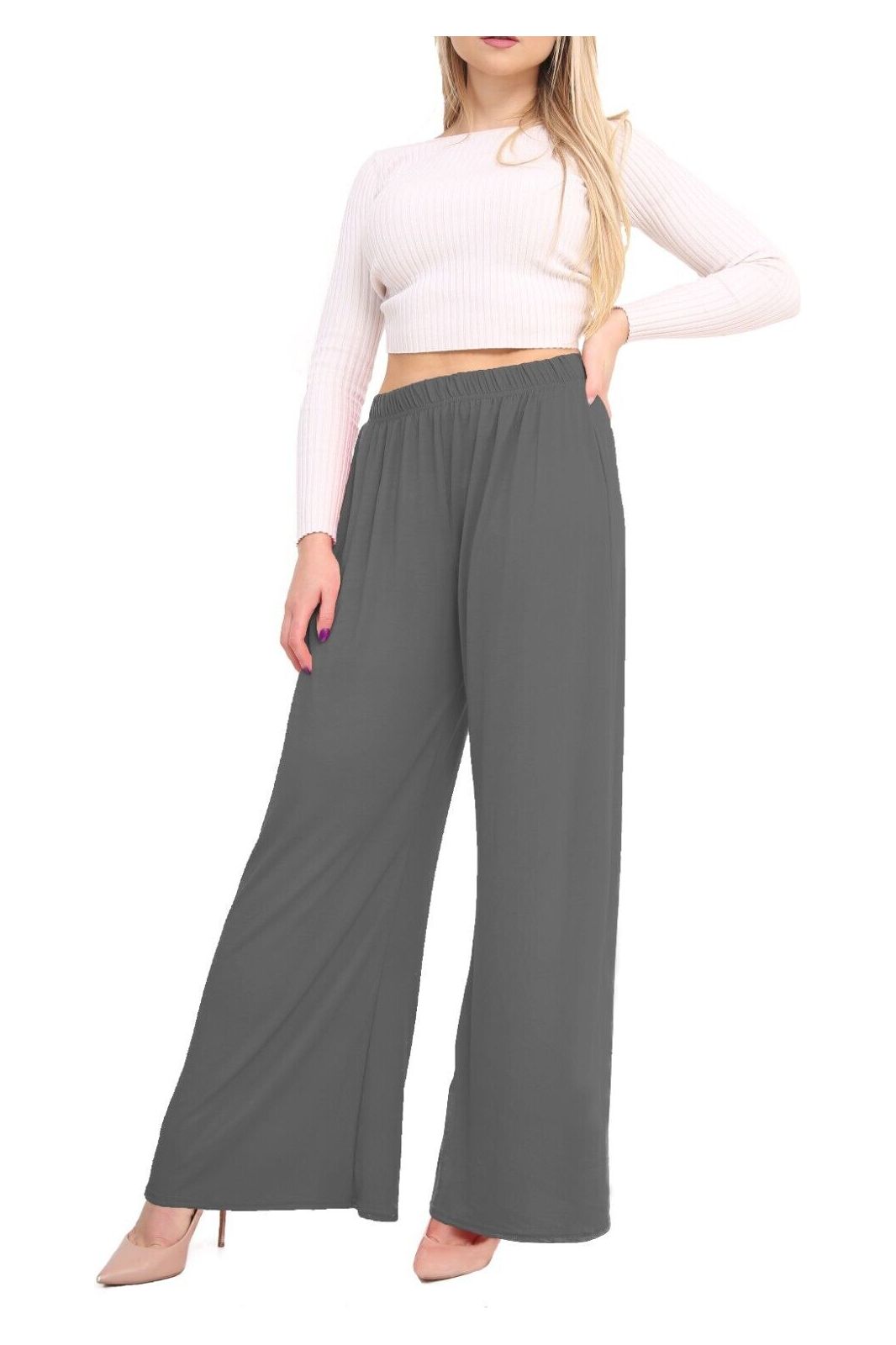Plus Size Wide Leg Flared Plain Palazzo Trouser Palazzo WearAll Dark Grey 16-18