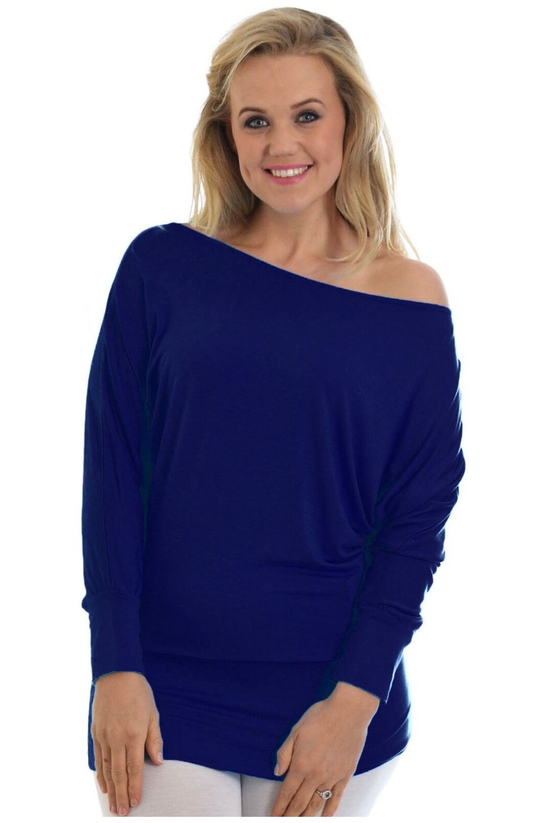 Plus Size Off Shoulder Batwing Top Tops WearAll Navy Blue 16-18