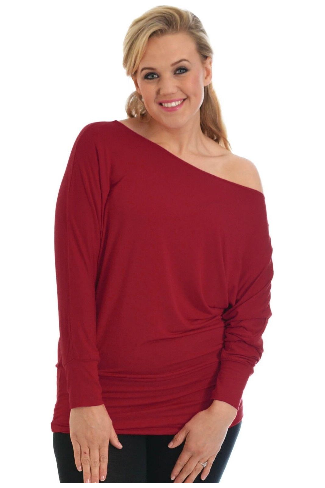 Plus Size Off Shoulder Batwing Top Tops WearAll Wine 16-18