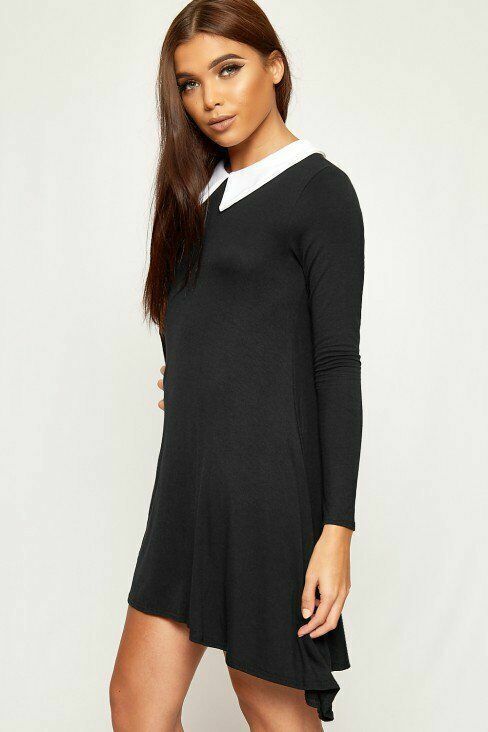 Plain Collar Flared Ladies Swing Dress WearAll Plain Collar Flared Ladies Swing Dress WearAll