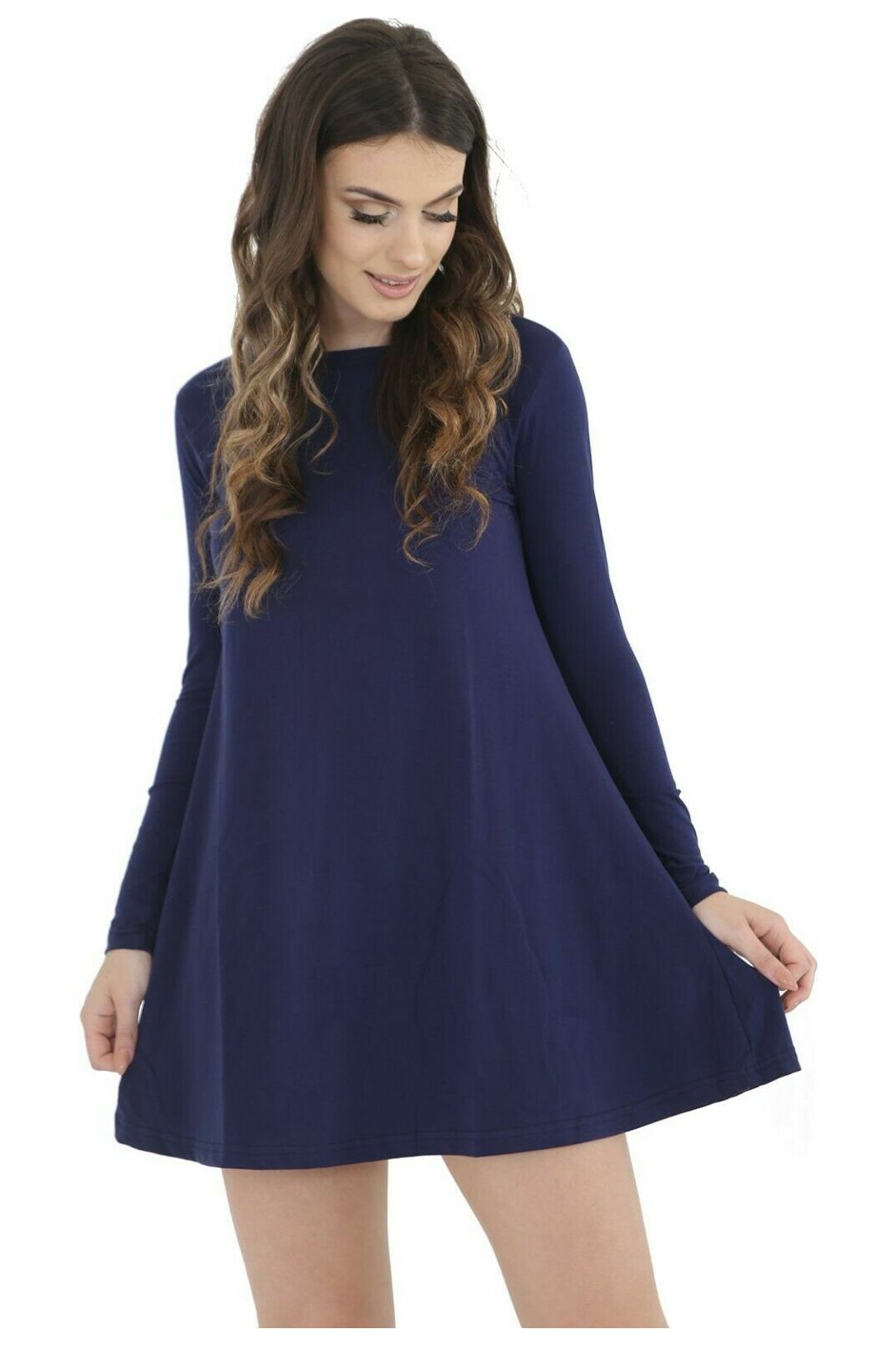 Plus Size Plain Ladies Swing Dress Top Dress WearAll Navy 16-18