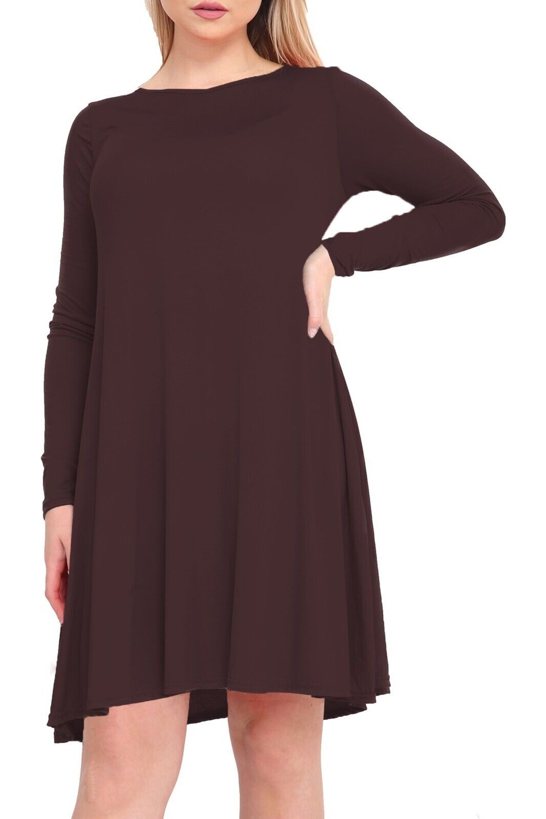 Plus Size Plain Ladies Swing Dress Top Dress WearAll Dark Brown 16-18