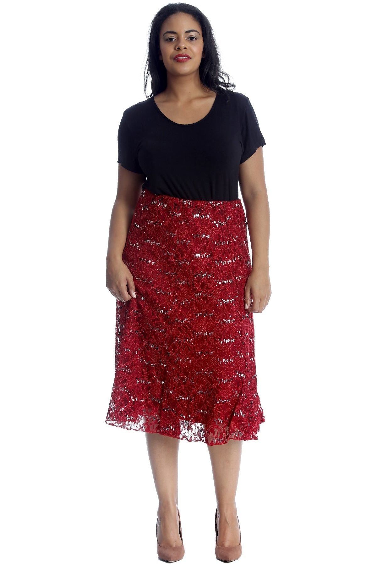 Floral Lace Lined Sequin Flared Midi Skirt Skirt WearAll