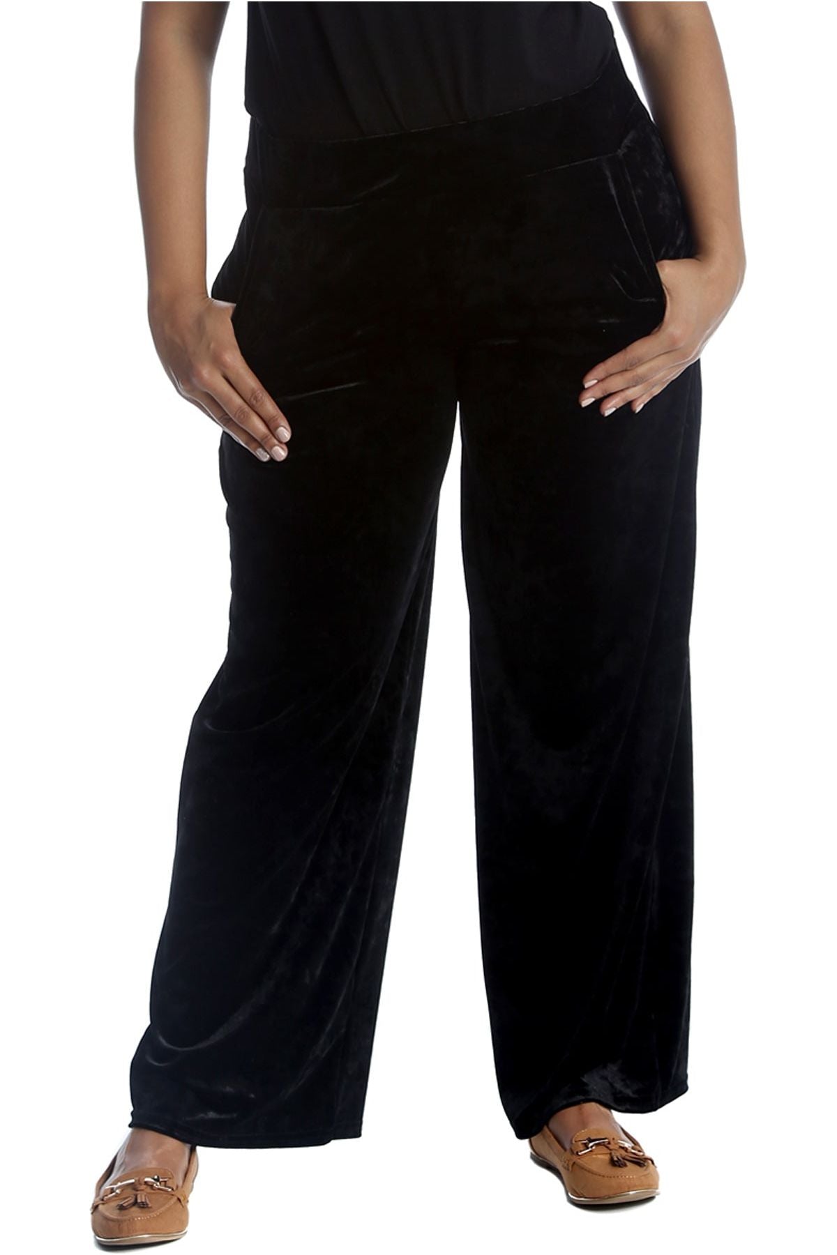 Velour Velvet Wide Flared Leg Pocket Palazzo Palazzo WearAll Black 12-14