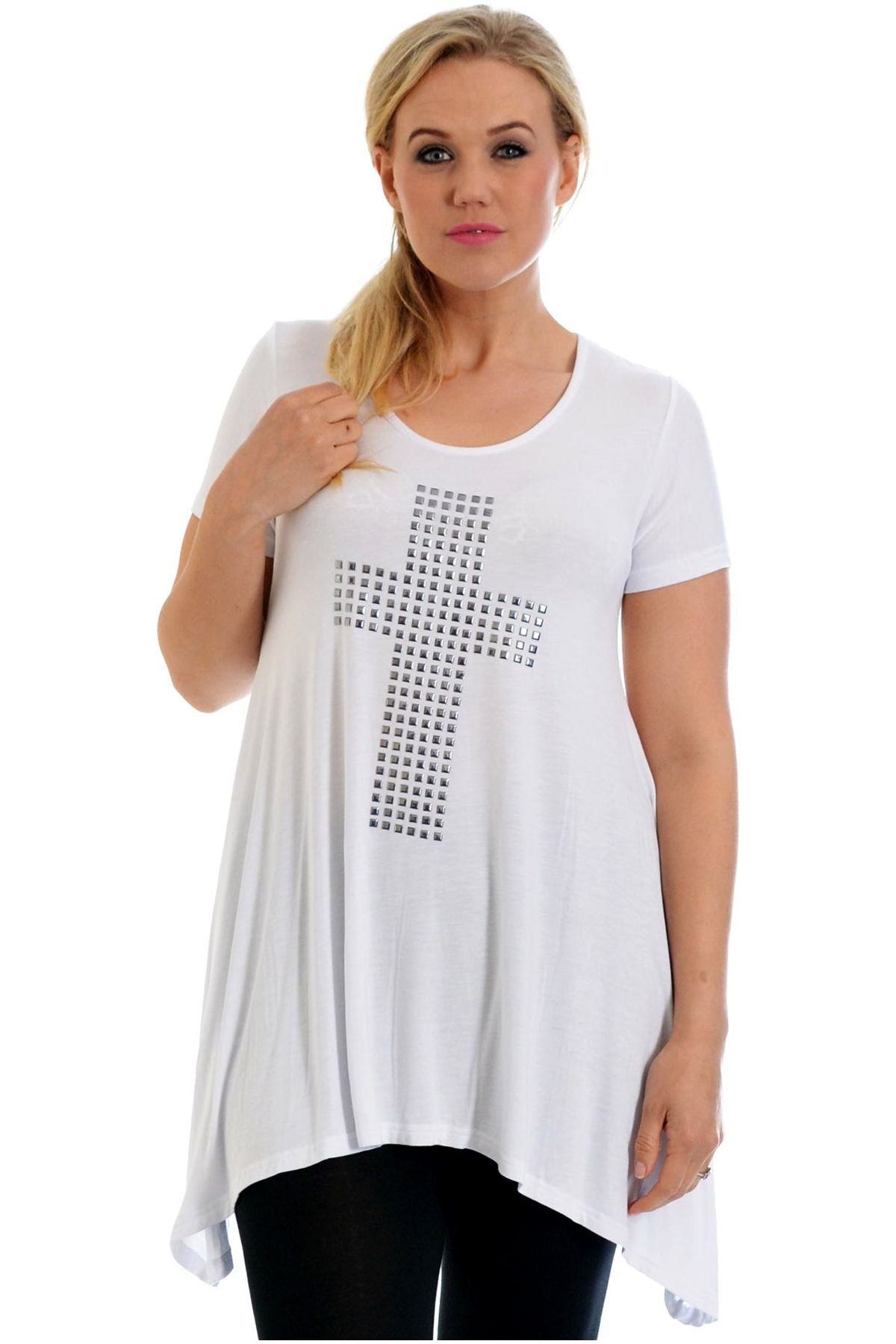 Cross Metallic Stud Hanky Hem Short Sleeve Top Apparel & Accessories WearAll White 14