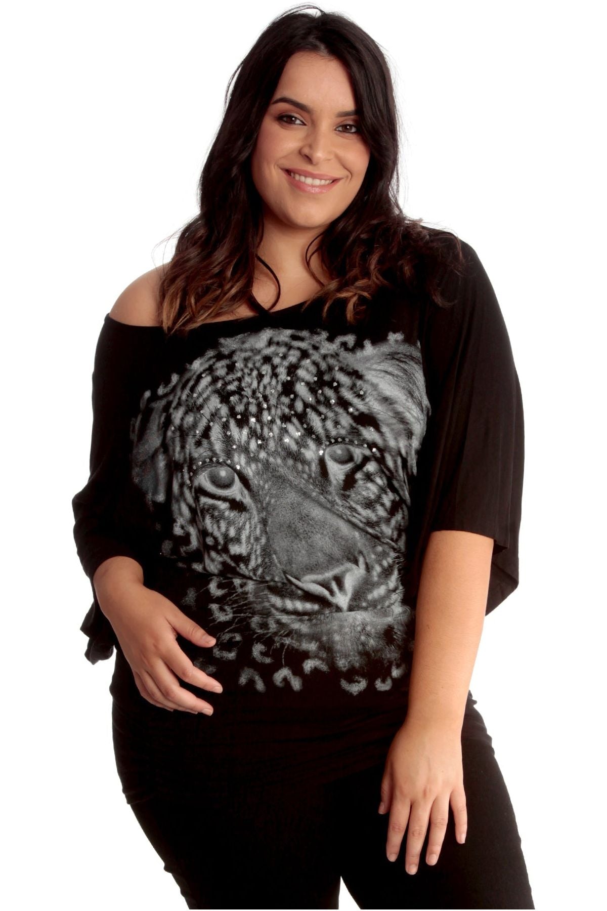 Tiger Print Glitter Batwing Top Tops WearAll Black 14