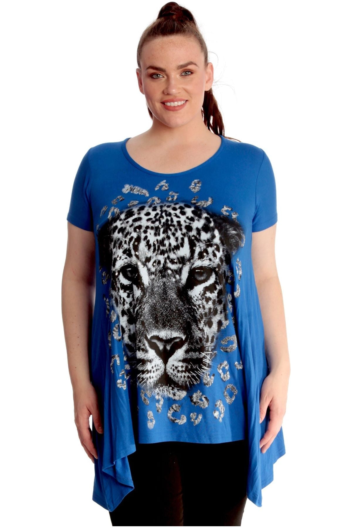 Leopard Print Hanky Hem Short Sleeve Top Tops WearAll Royal Blue 14