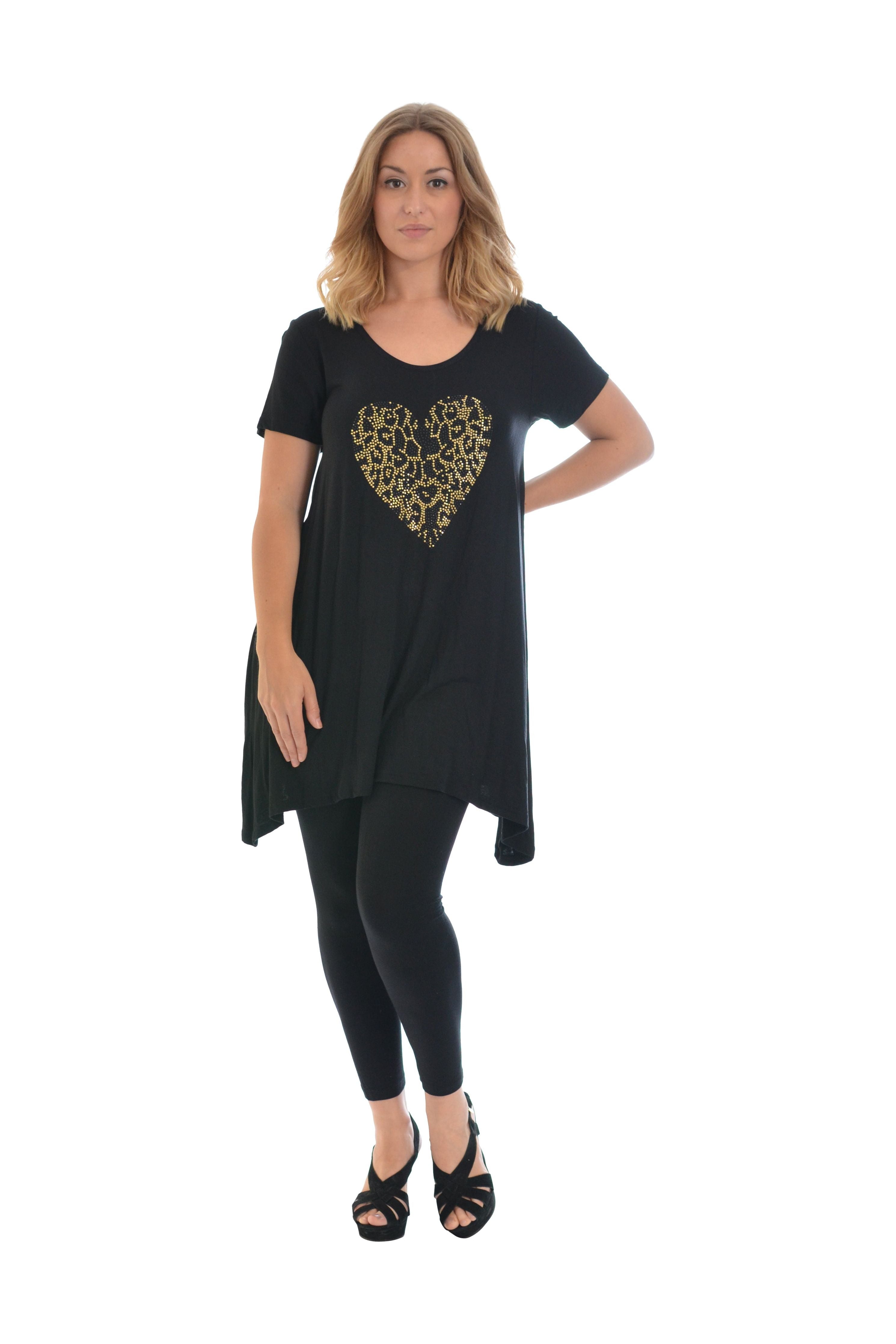 Leopard Print Studded Heart Hanky Hem Short Sleeve Top Apparel & Accessories WearAll