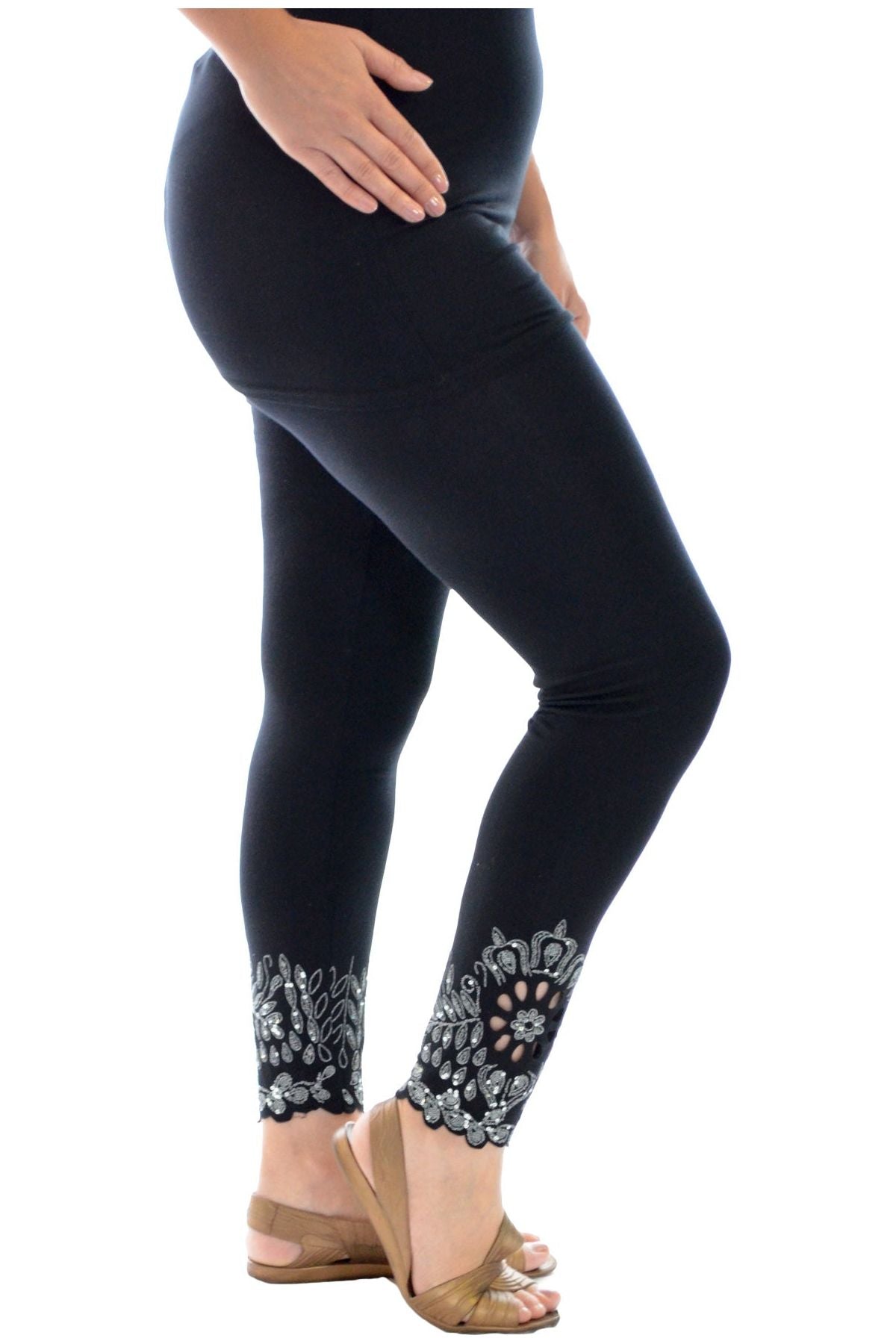 Sequin Scallop Beaded Flower Petal Leggings Leggings WearAll Navy Blue 12-14