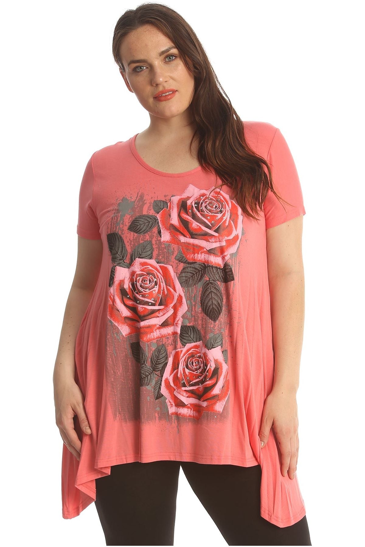 Three Rose Print Hanky Hem Short Sleeve Top Apparel & Accessories WearAll Coral 14
