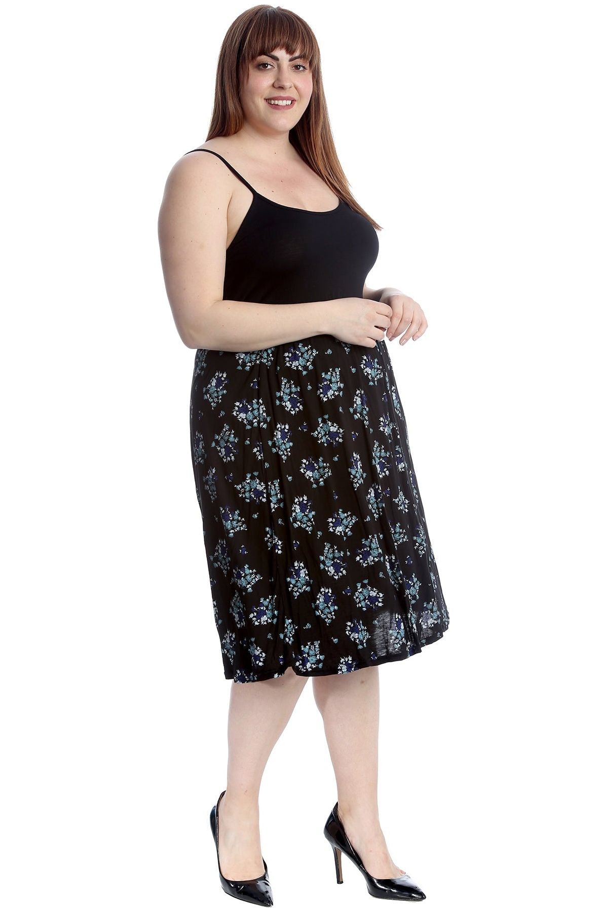 Plus Size Teal Floral Midi Skirt Skirt WearAll