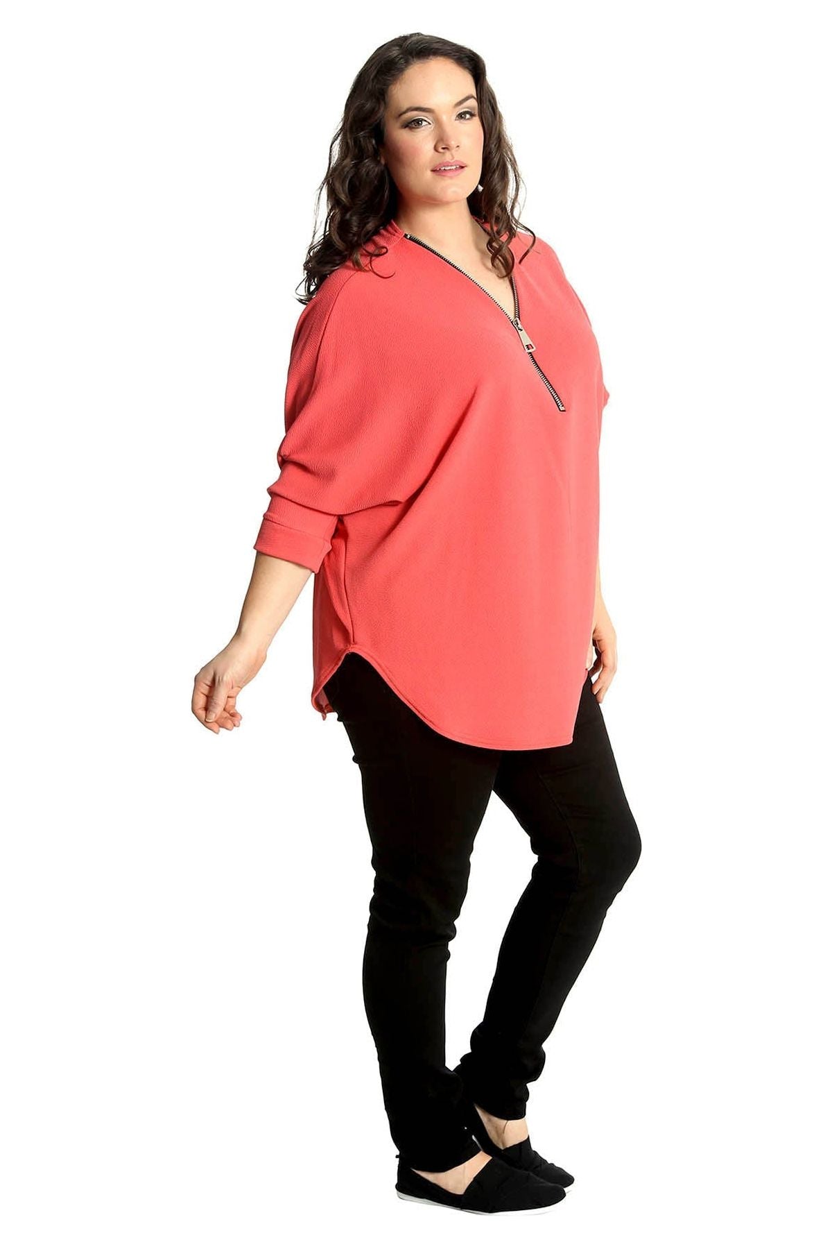 Plus Size Zip Curved Hem V-Neck Batwing Sleeve Top Tops WearAll