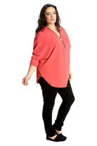 Plus Size Zip Curved Hem V-Neck Batwing Sleeve Top Tops WearAll