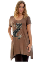 Studded Fur Cat Hanky Hem Short Sleeve Top Apparel & Accessories WearAll Mocha 14