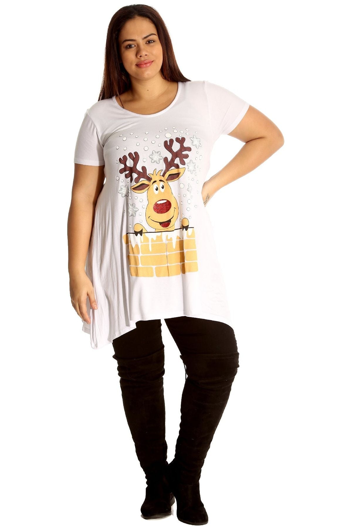 Rudolph on Wall Print Hanky Hem Short Sleeve Top Apparel & Accessories WearAll