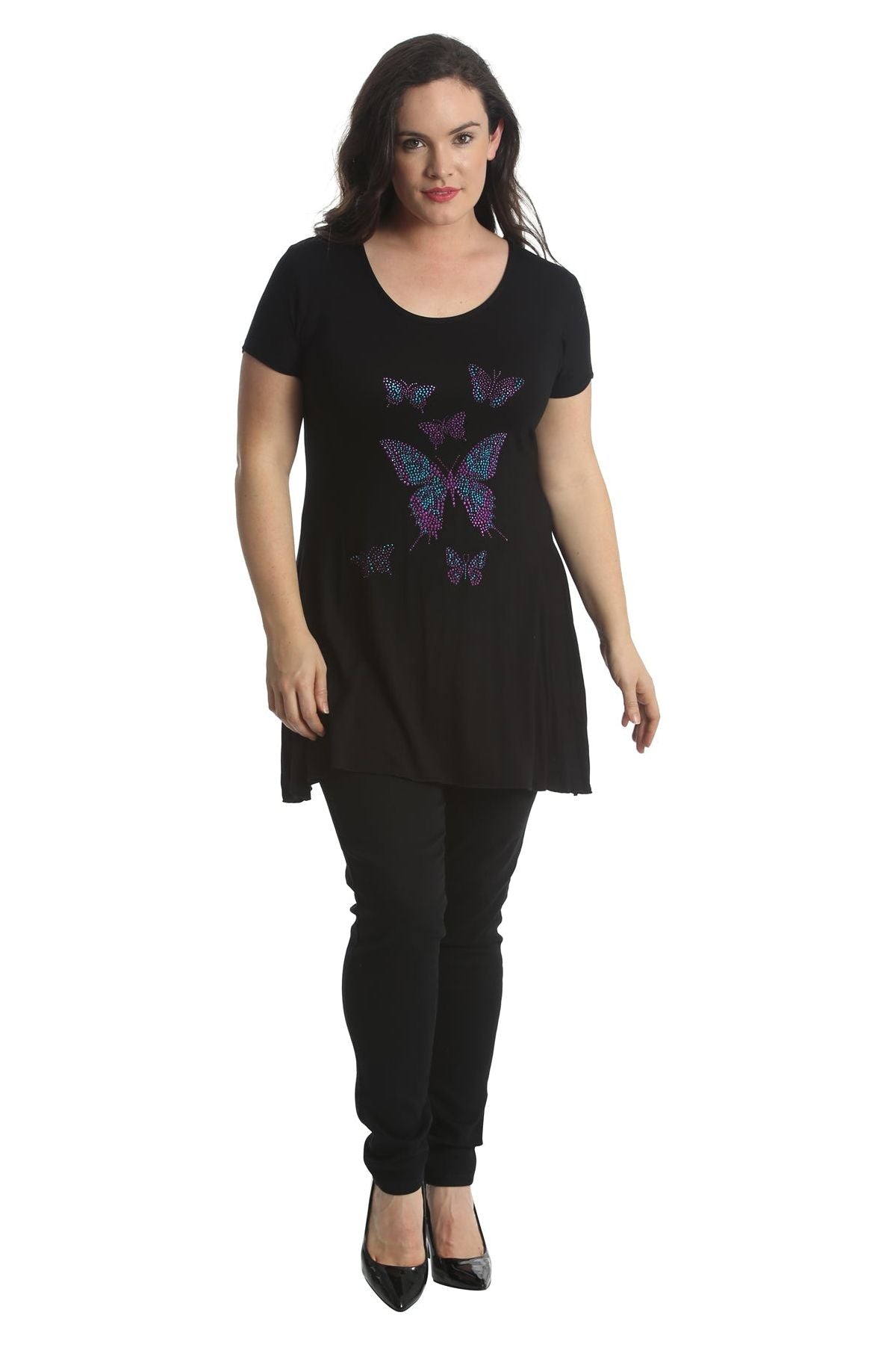 Diamante Butterfly Stud Hanky Hem Short Sleeve Top Apparel & Accessories WearAll