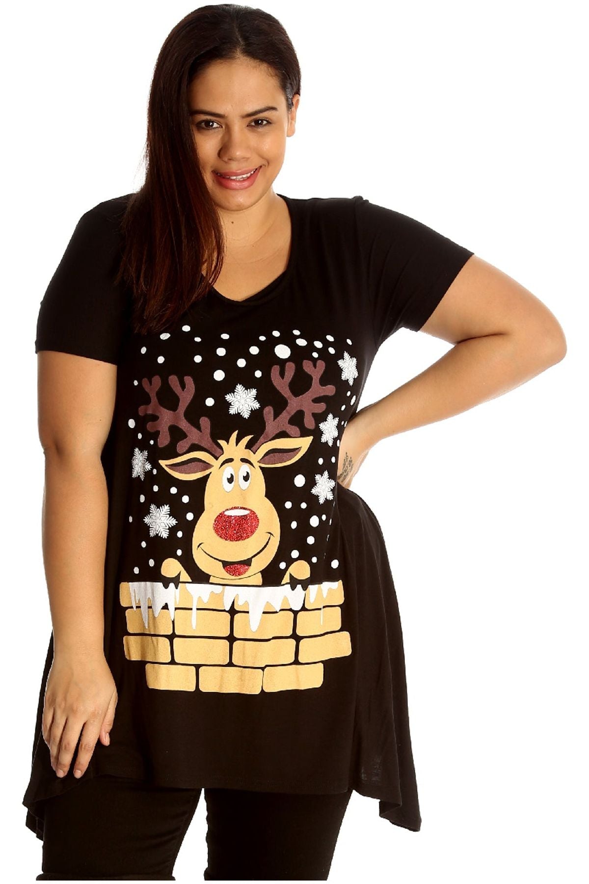Rudolph on Wall Print Hanky Hem Short Sleeve Top Apparel & Accessories WearAll Black 14