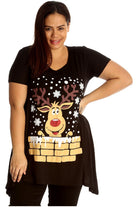 Rudolph on Wall Print Hanky Hem Short Sleeve Top Apparel & Accessories WearAll Black 14